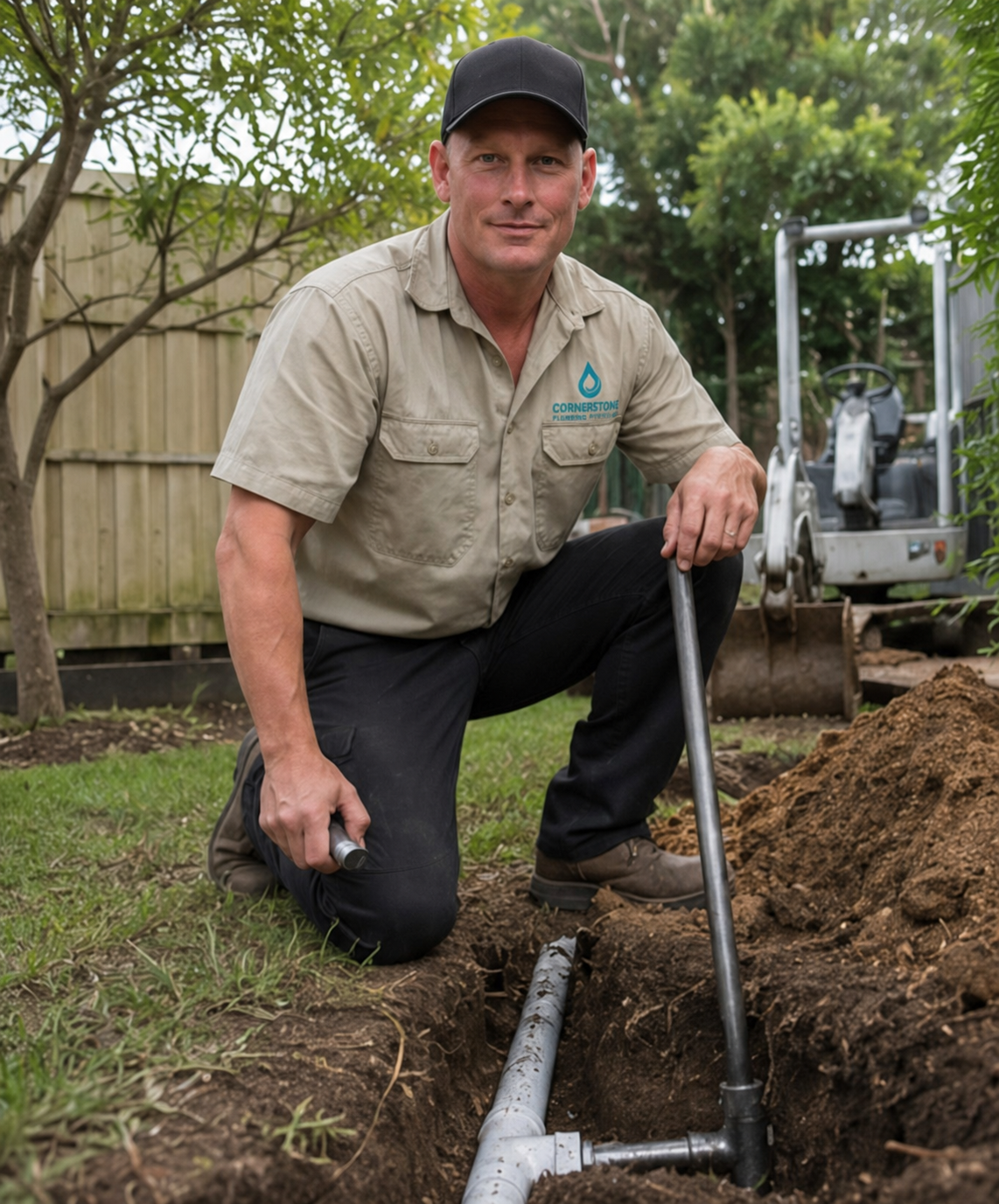 Josh Scorey on a drainage excavation job — Cornerstone Plumbing